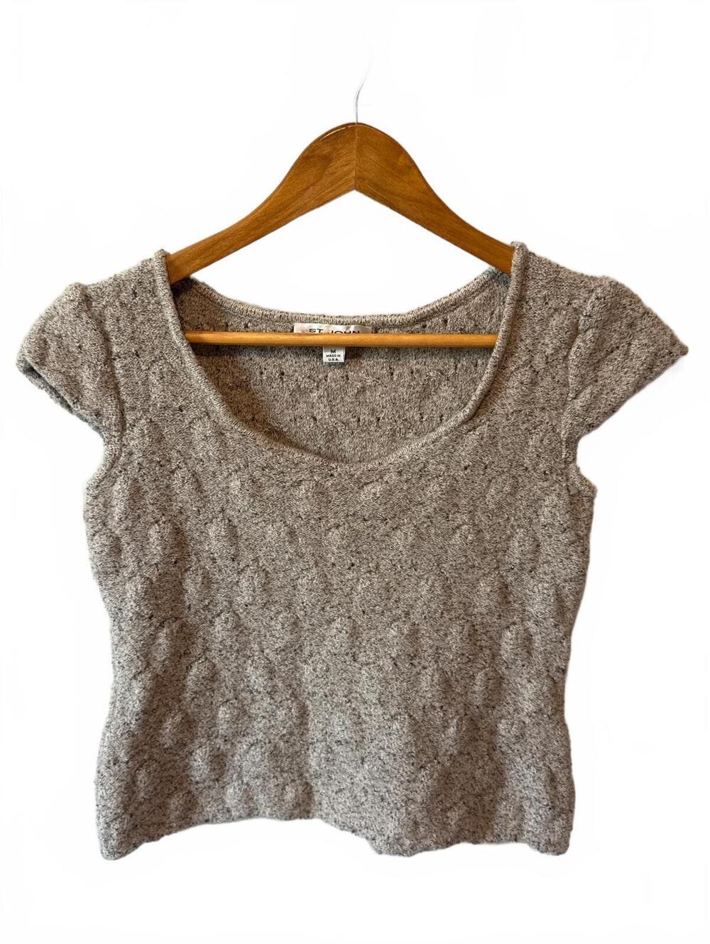 ST. JOHN | Short Sleeve Textured Knit Top Wool Camel Beige Cap Sleeve M